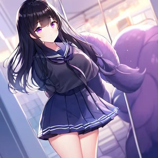 Clear focus, High resolution, Long fluffy black hair, Purple eyes, Wearing a sailor uniform, must be wearing a short skirt, 2 puffy big tails hanging behind her back