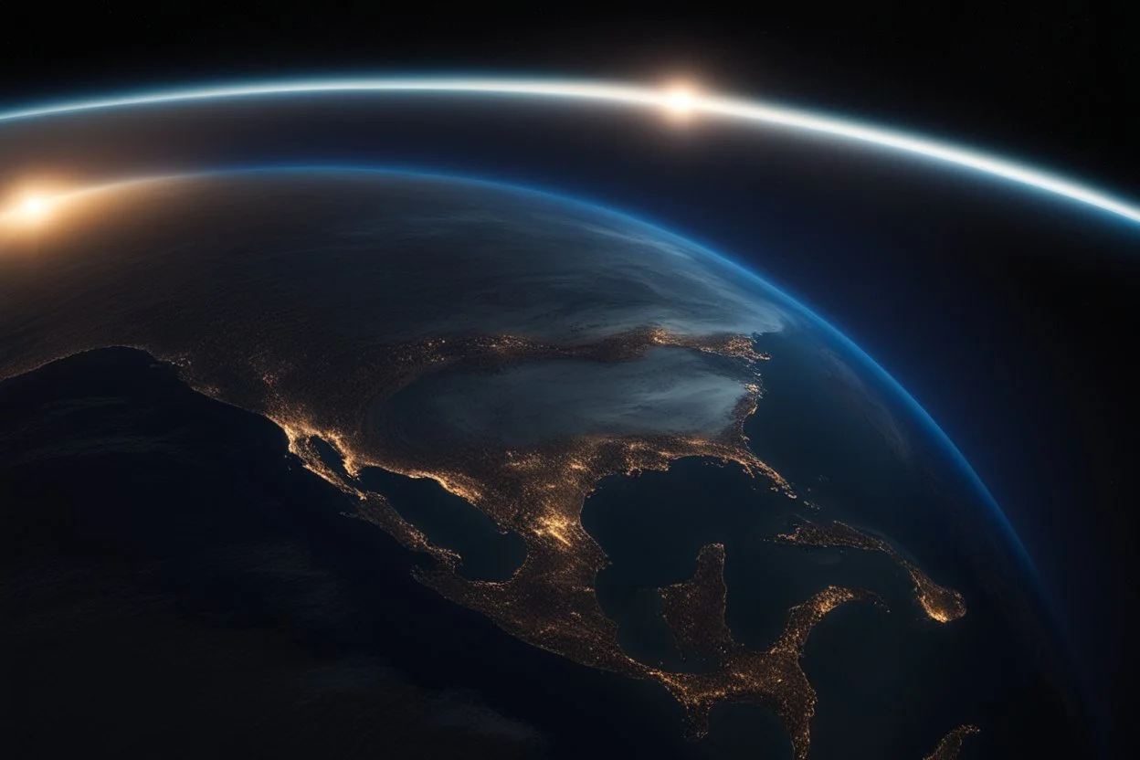 تصوير جوي للأرض من الفضاء، حيث يظهر الكوكب الأزرق الجميل في خلفية مظلمة وغامضة. تتلألأ سطح الأرض بألوانها المتعددة، ويتجلى لمحة من السحب والمحيطات. تنعكس ضوء الشمس بلطف على الجانب المضاء، مشيرةً إلى التنوع والجمال الذي تحمله هذه الكوكبة المعجزة.