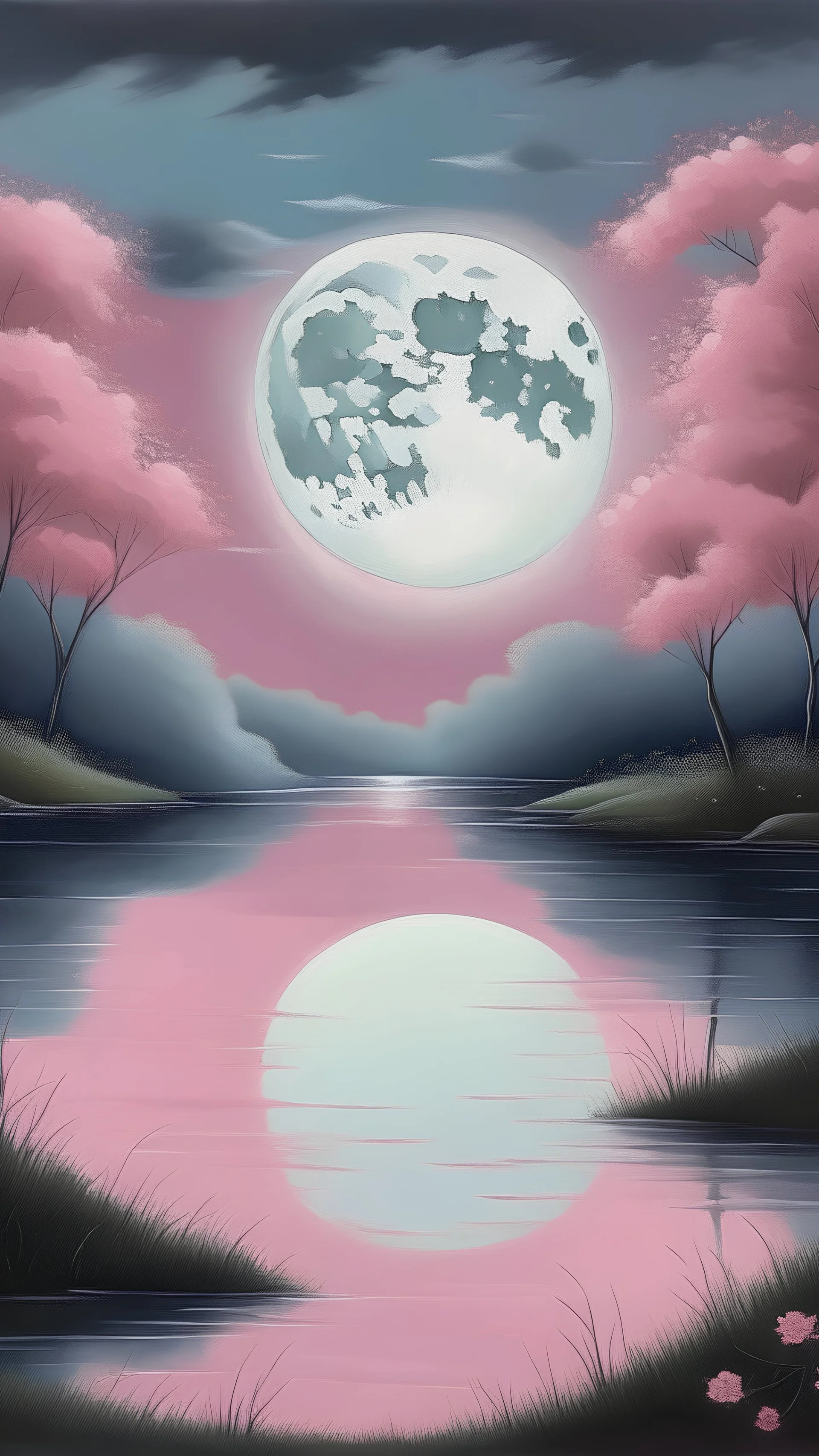 Paint a serene scene of a moonlit night, where soft hues of pink embrace the sky, casting a gentle glow over a tranquil landscape. Describe the moon's reflection on a calm body of water and the subtle rustle of leaves in the peaceful night breeze.