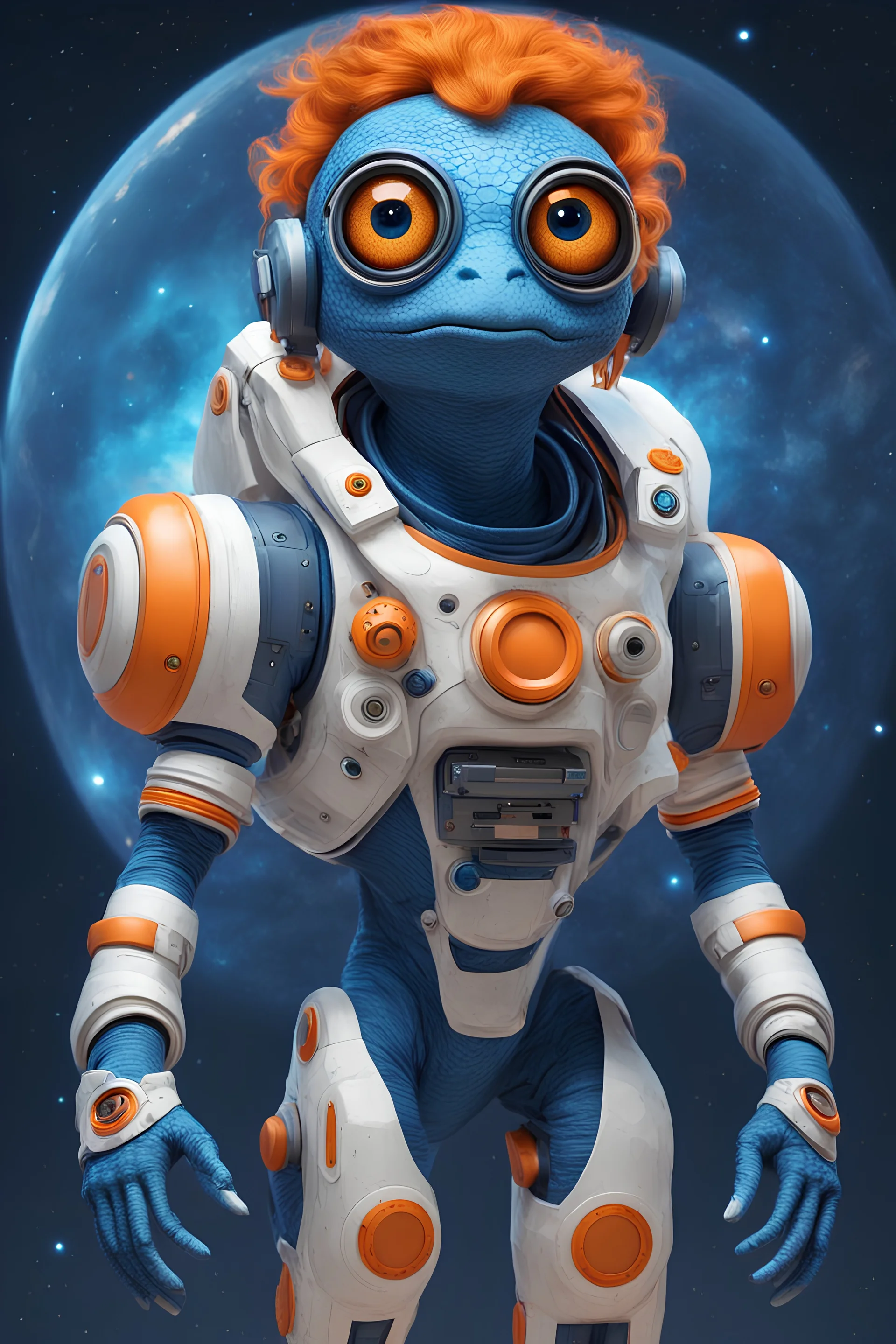 Astronauta reptil color azul, con ojos grandes, cabello anaranjado y con accesorios tecnológicos. Plano cuerpo entero. Universo de fondo.