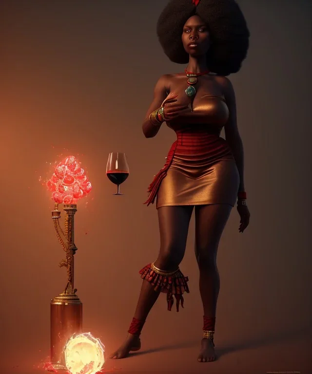 Negra Francisca, beautiful, curvy body, African slave, simple red fabric dress, long black hair, red headband, head and shoulders portrait, holding glass of wine, 8k resolution concept art portrait by Greg Rutkowski, Unreal Engine 5 volumetric lighting