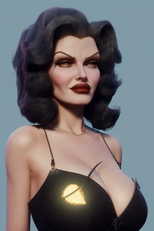 Rita Hayworth as evil queen in black leather, busty, cleavage, curvy, angry, stern look. character design by cory loftis, fenghua zhong, ryohei hase, ismail inceoglu and ruan jia. unreal engine 5, artistic lighting, highly detailed, photorealistic, fantasy