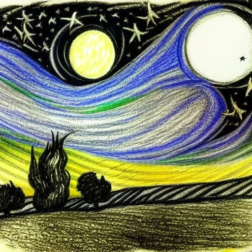 dibujo de una campo de noche con la luna y muchas estrellas con el estilo de Vincent van Gogh