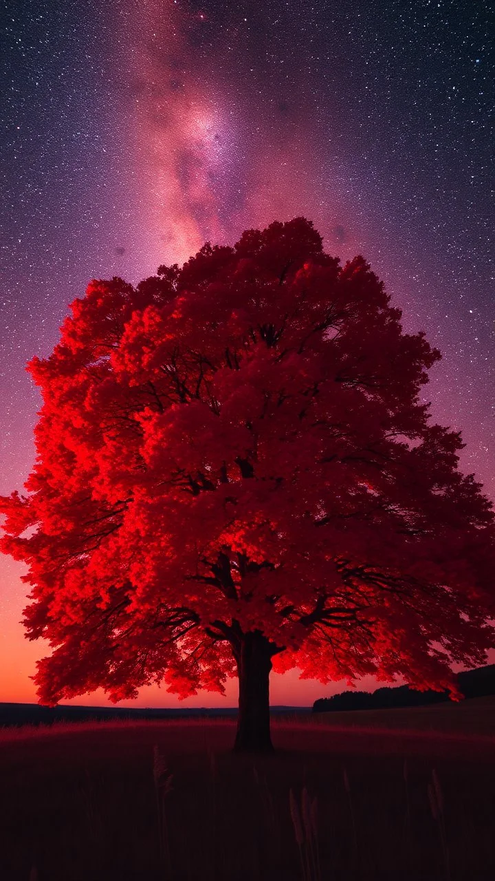 A rear view , of red big tree in a distance ,in romantic themes in the background is a vivid red sky stars and milky way galaxy and the blighting creates a dramatic and otherworldly atmosphere