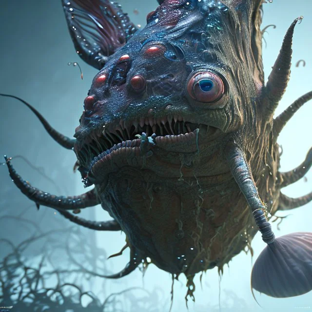 fluid ink angler fish creature, unreal engine 5, 8k resolution, photorealistic, ultra detailed