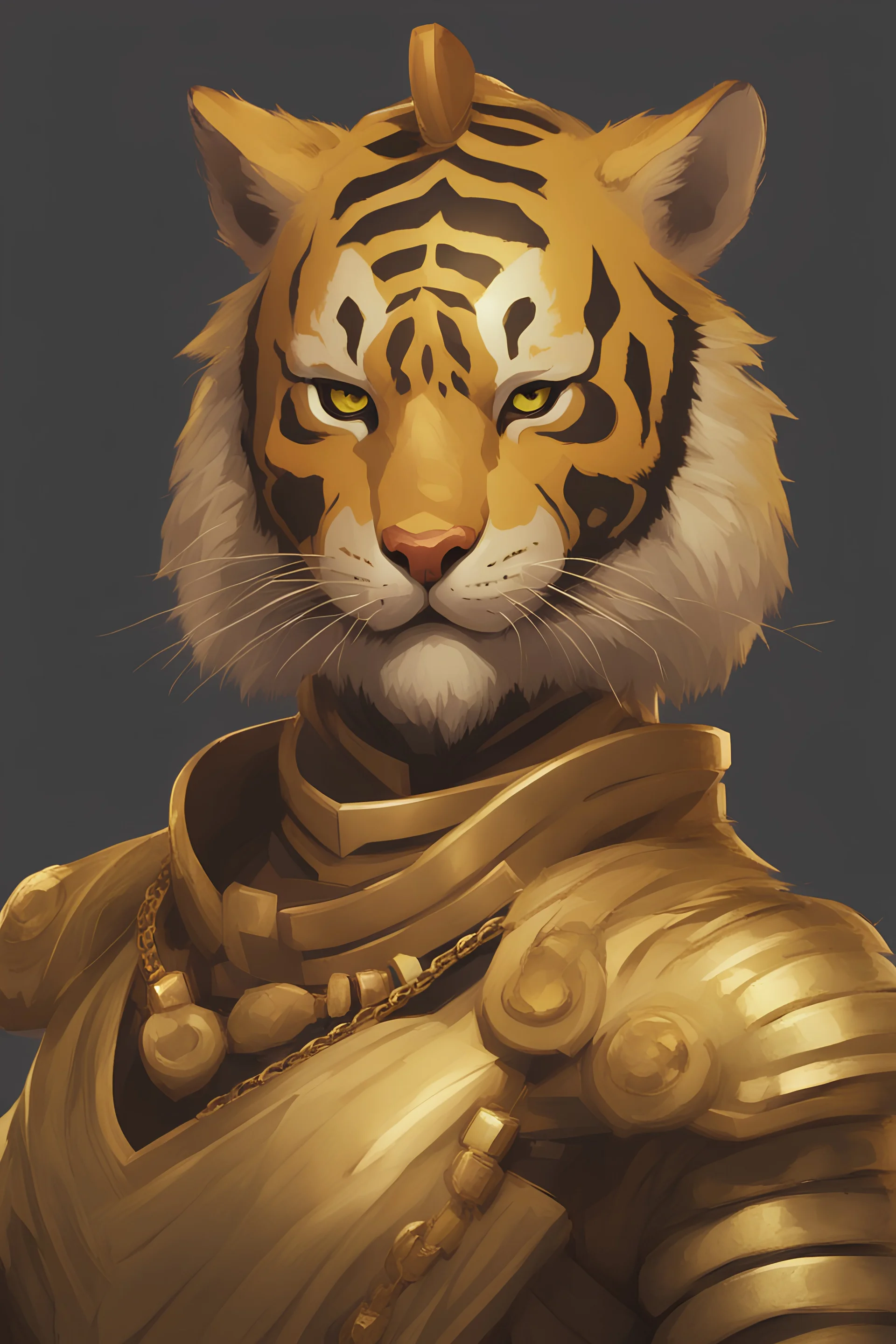 A tiger with gold armor and a gold chain around his neck.