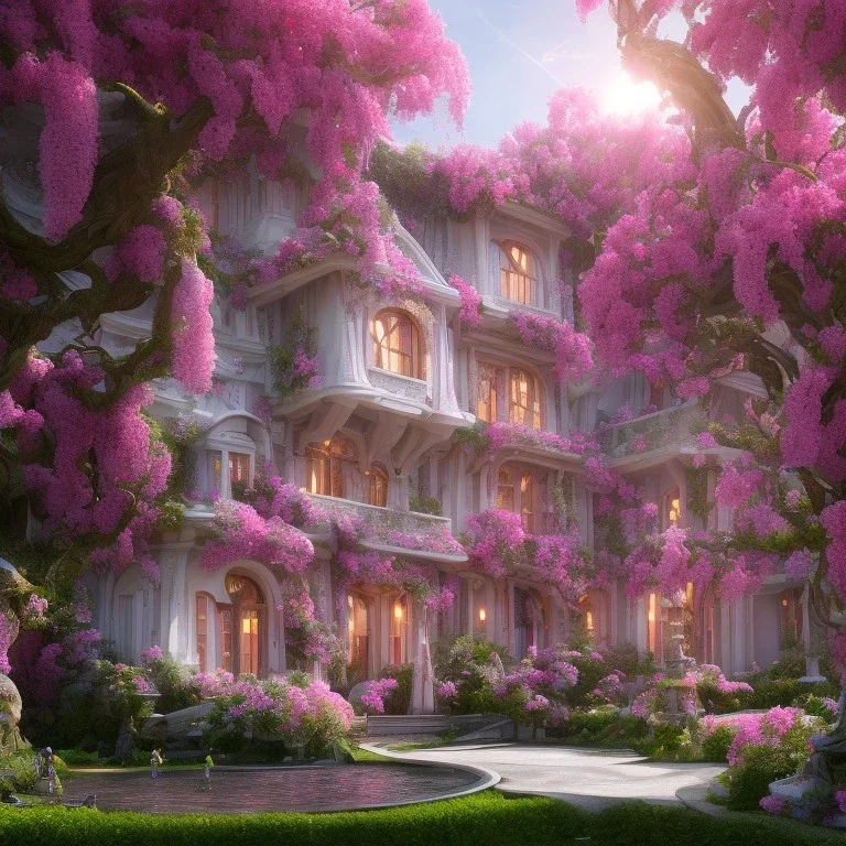 a magical flower bougainvillier fuksia house in the woods, pink vertical, sharp, vines, candlelit, endor, ornate, elegant, highly detailed, artstation, concept art, smooth, sharp focus, illustration, 8k, splash art, wallpaper, key visual