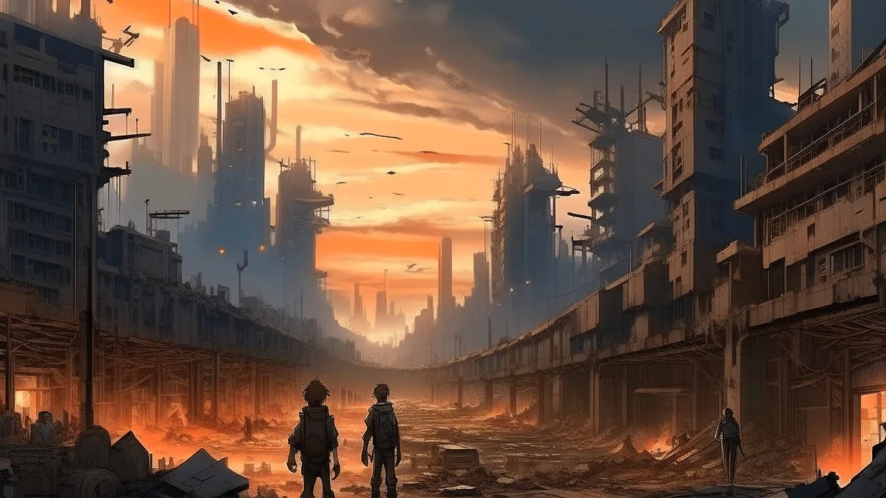 Dystopian cityscape, rebels with elemental powers, akin to action-packed shounen anime.