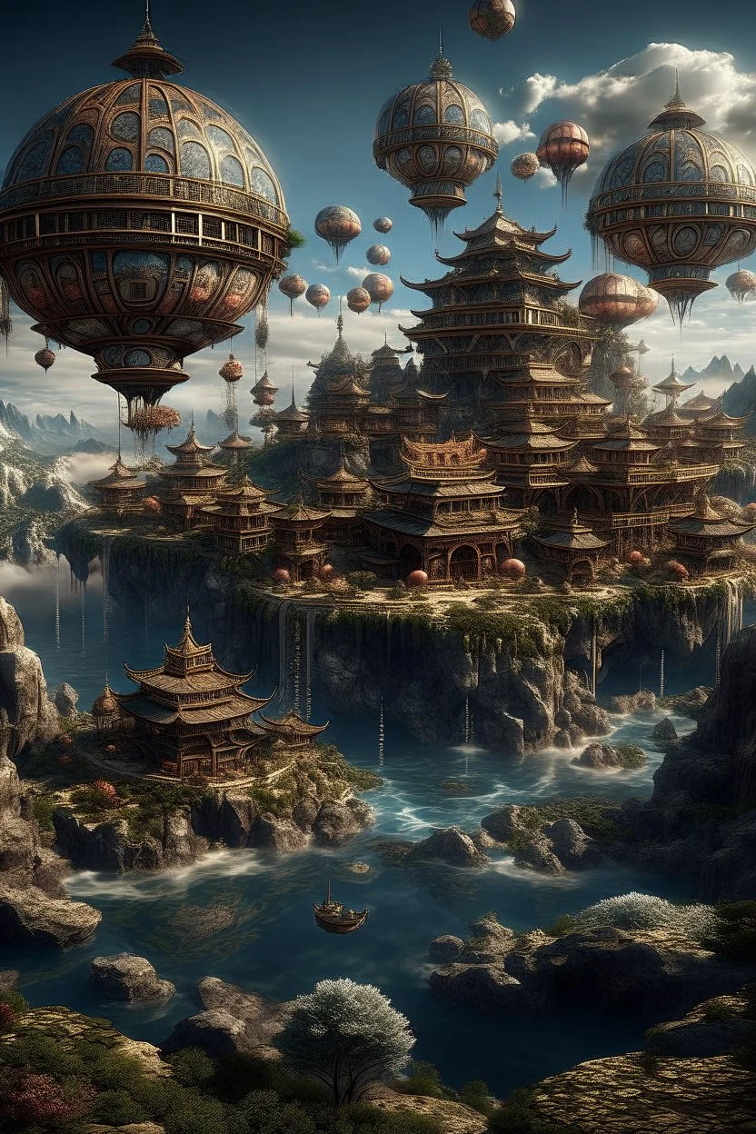 This planet features massive floating monasteries inspired by ancient Asian and Tibetan architecture. The anomaly here is the result of terraforming efforts by the enigmatic Remnants, who left behind the floating structures and an energy field that distorts gravity , photo-realistic, shot on Hasselblad h6d-400c, zeiss prime lens, bokeh like f/0.8, tilt-shift lens 8k, high detail, smooth render, down-light, unreal engine 5, cinema 4d, HDR