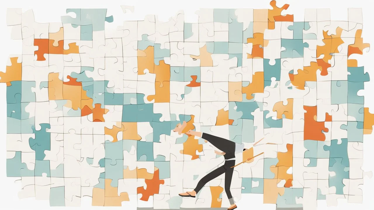 صورة تجسّد رمزية "بناء العادات اليومية الناجحة"، حيث تصور شخصًا يقوم بوضع قطع اللغز في مكانها لتشكيل صورة مكتملة. هذا يرمز إلى عملية تكوين وتطوير العادات الإيجابية خطوة بخطوة لتحقيق الإنتاجية وزيادة مستوى السعادة في الحياة اليومية.