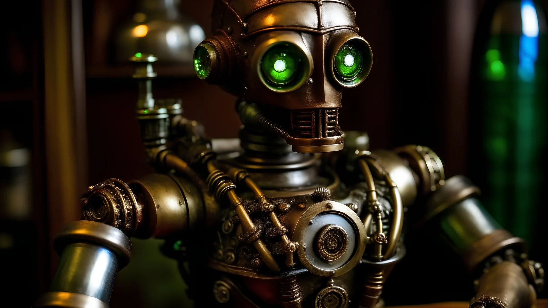 arabisches Gasthaus Barkeeper Bronze Roboter Steampunk grüne Augen