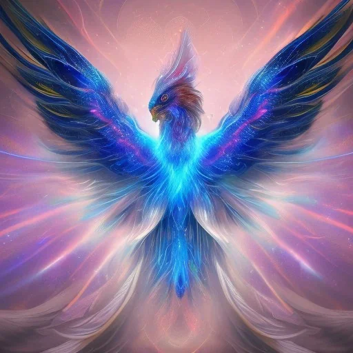 a detailed illustration of a phoenix with shiny blue wings and long glowing sparkly body, luminescent body, glinting spread wings, realistic, soft and smooth glowing wings, soft feathers, macro lens, sharp focus, meticulously detailed, soft studio lighting, smooth blurred gradient background, twinkly eye, 64k, playfull