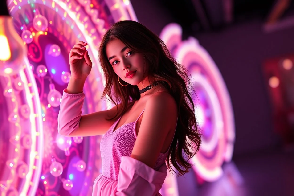 si fi a 3d recursive mandlebulb fractal environment color and light an extra beautiful supper modern girl wearing modern clothing gracefully posing full body shot