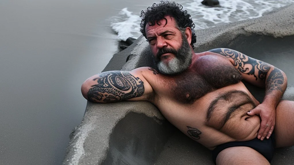 top view photography of a sicilian baywatcher burly sweat chubby 52 years old , swimwear, manly chest ,tattoo, curly hairs, beard, relaxing with open arms on the beach at midnight , illuminated by bonfire, photorealistic, 8k, Canon EOS, 35mm lens, , unreal engine, greg rutkowski, loish, rhads, beeple, makoto shinkai and lois van baarle, ilya kuvshinov, rossdraws, tom bagshaw, alphonse mucha, global illumination, detailed and intricate environment