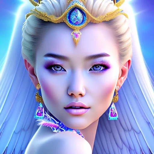 portrait of a beautiful mongolian woman with an angel face smiling,long blond hair, blue eyes, pink and blue dress, jewels, soft light aura