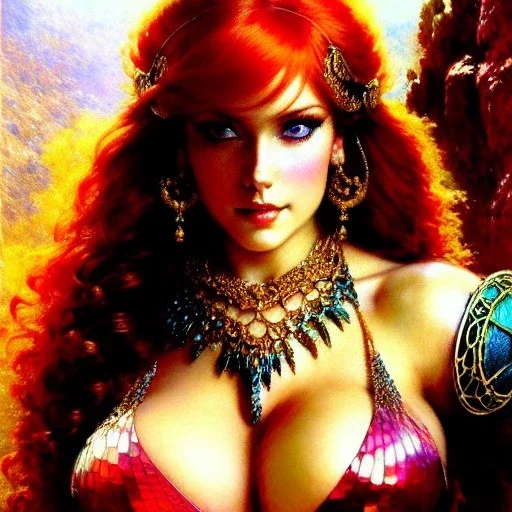 Drawing of beautiful face busty red Sonja,Sweet stare, balanciaga fashion clothe painting by gaston bussiere, greg rutkowski, yoji shinkawa, yoshitaka amano, tsutomu nihei, donato giancola, tim hildebrandt, oil on canvas, cinematic composition, extreme detail,fit full head inside picture,16k