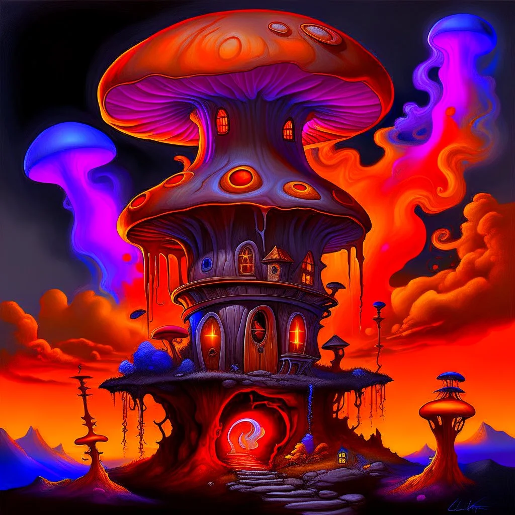 A fantabulous black, orange, and indigo(((mushroom tower house))) erected atop a (geologic pillar), surrounded by the uncanny imaginative ((( swirling skies))), offset by the stark hues of a (neon-tinged nebulous space scape), within. captured by the hand a skilled master painter with a focus on (softly blurred compositions and voluminous lighting).