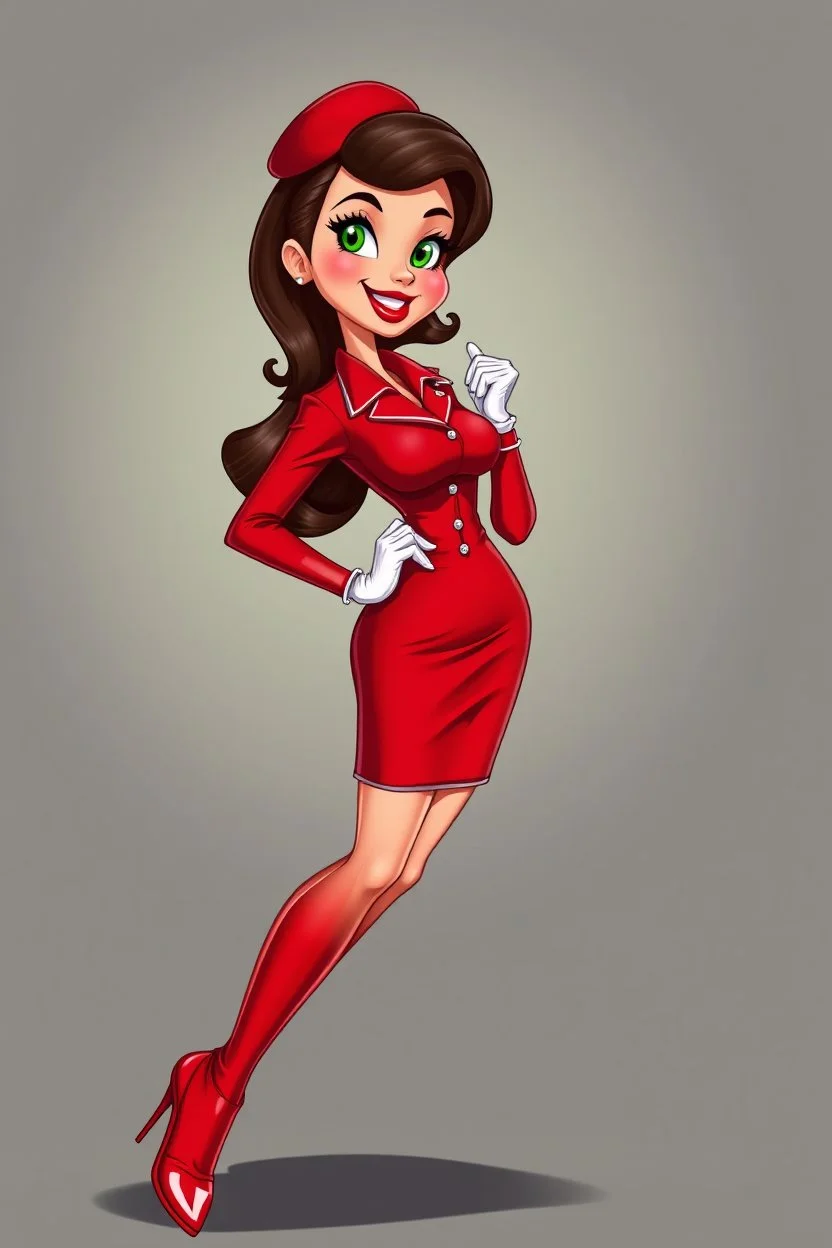 realistic full body cartoon in the style of Francois Walthery's Natacha series of adventurous, elegant brunette French stewardess lady, aged 55, posing in a tight, short, red uniform dress. She has red stewardess cap, green eyes, strong makeup, big bright red lips, long lashes and shiny white latex gloves. She has shiny, high heeled red boots.