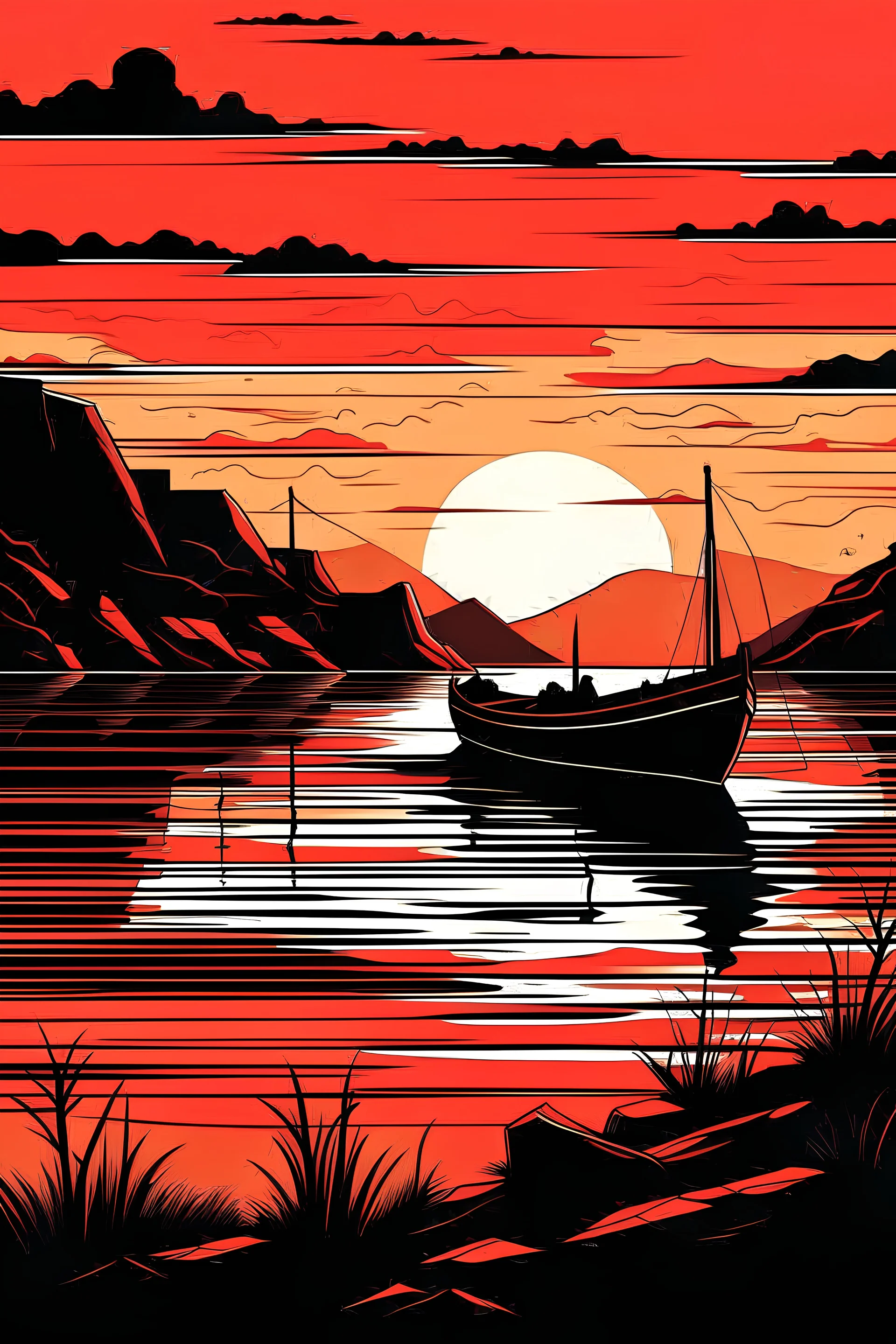 Delve into the tranquility of a coastal landscape art, featuring a fishing boat at a lake during sunset. The flat background style and darkly romantic illustration, in hues of dark amber and red, evoke a sense of serene beauty.