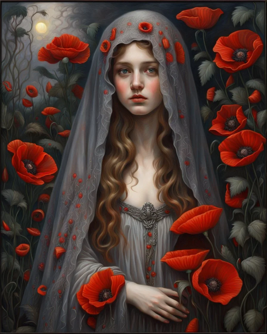 Pre-Raphaelite, chiaroscuro visibly textured oil painting young, Ultra-realistic, hyperrealistic, ethereal and naturally beautiful, alluring young Hyperrealistic Octane render of a mystical maiden cloaked in a translucent veil embroidered with crimson poppies and ash-gray vines, glowing softly. Dark enchanted garden in background, delicate silver thread, whimsical textures, surreal post-impressionist impasto acrylic layer cinematic shadows and maximalist. intricately detailed