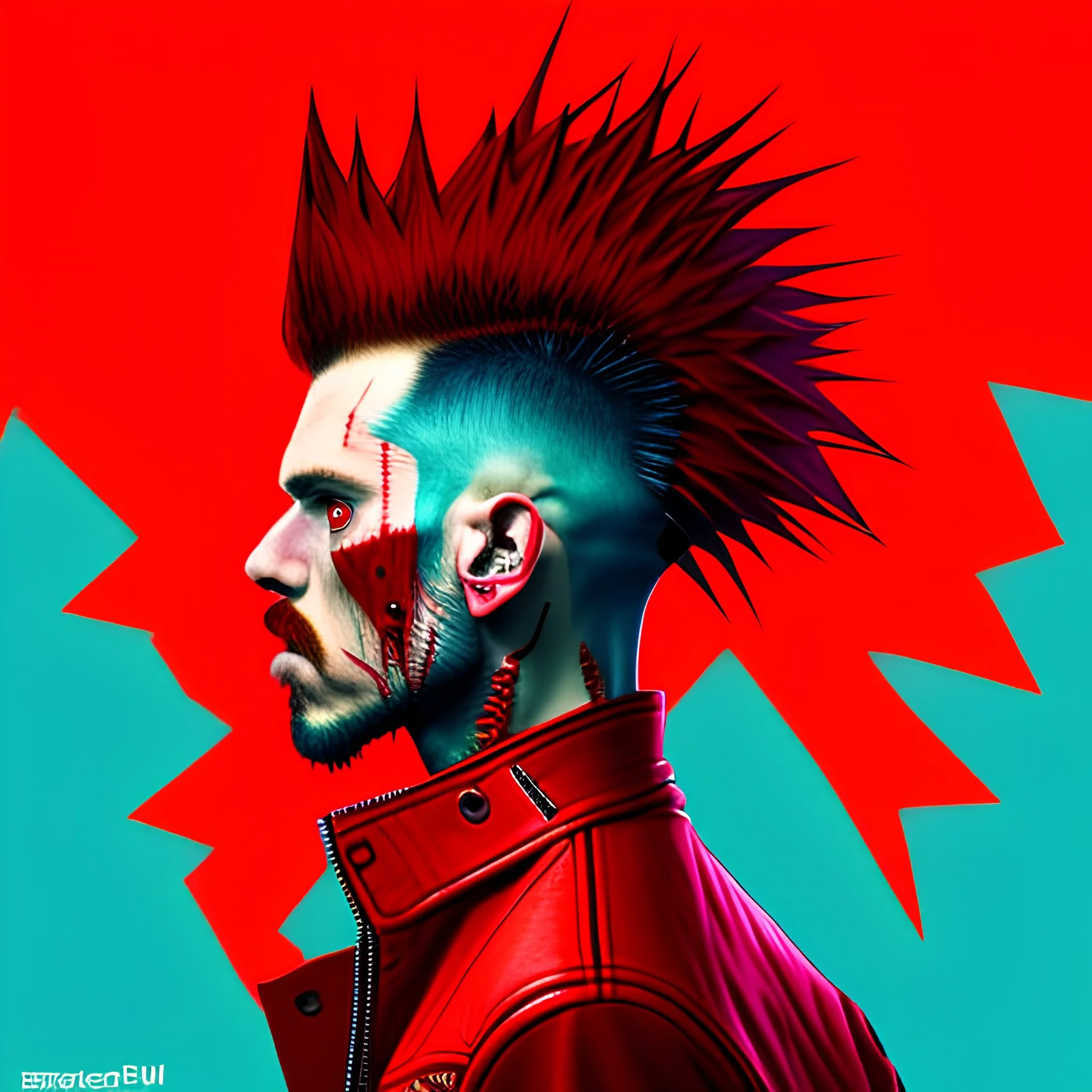 NFT, Red self portrait punk Vincent van Gogh, red spikey mohawk, red leather punk jacket, painted by van Gogh, in the style of beeple and bosslogic, trending on opensea NFT marketplace; minted on Ethereum network with Ethereum cryptocurrency