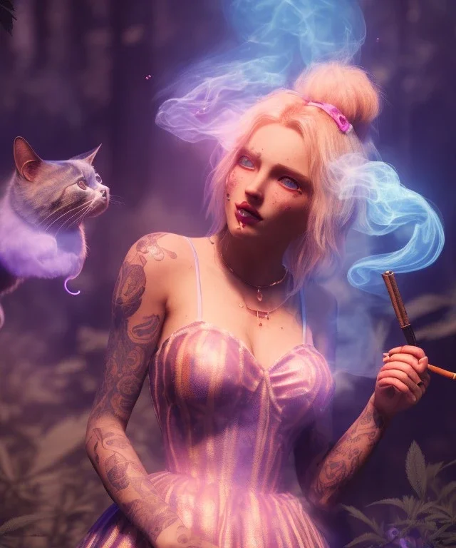 Ultra realistic wonderland photo, happy blonde woman smoking a shisha, blue dress, purple-cat friend, circus dress style, old school tattoo, smoke, marijuana garden, glow eyes, perfect iris, soft color, highly detailed, unreal engine 5, cinematic, ultra detail, volumetric lighting, high definition.