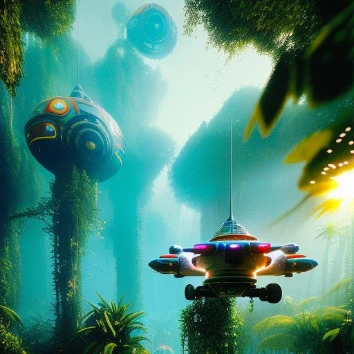 volumetric jungle environment, chris foss styl painting, hovercraft, highly detailed