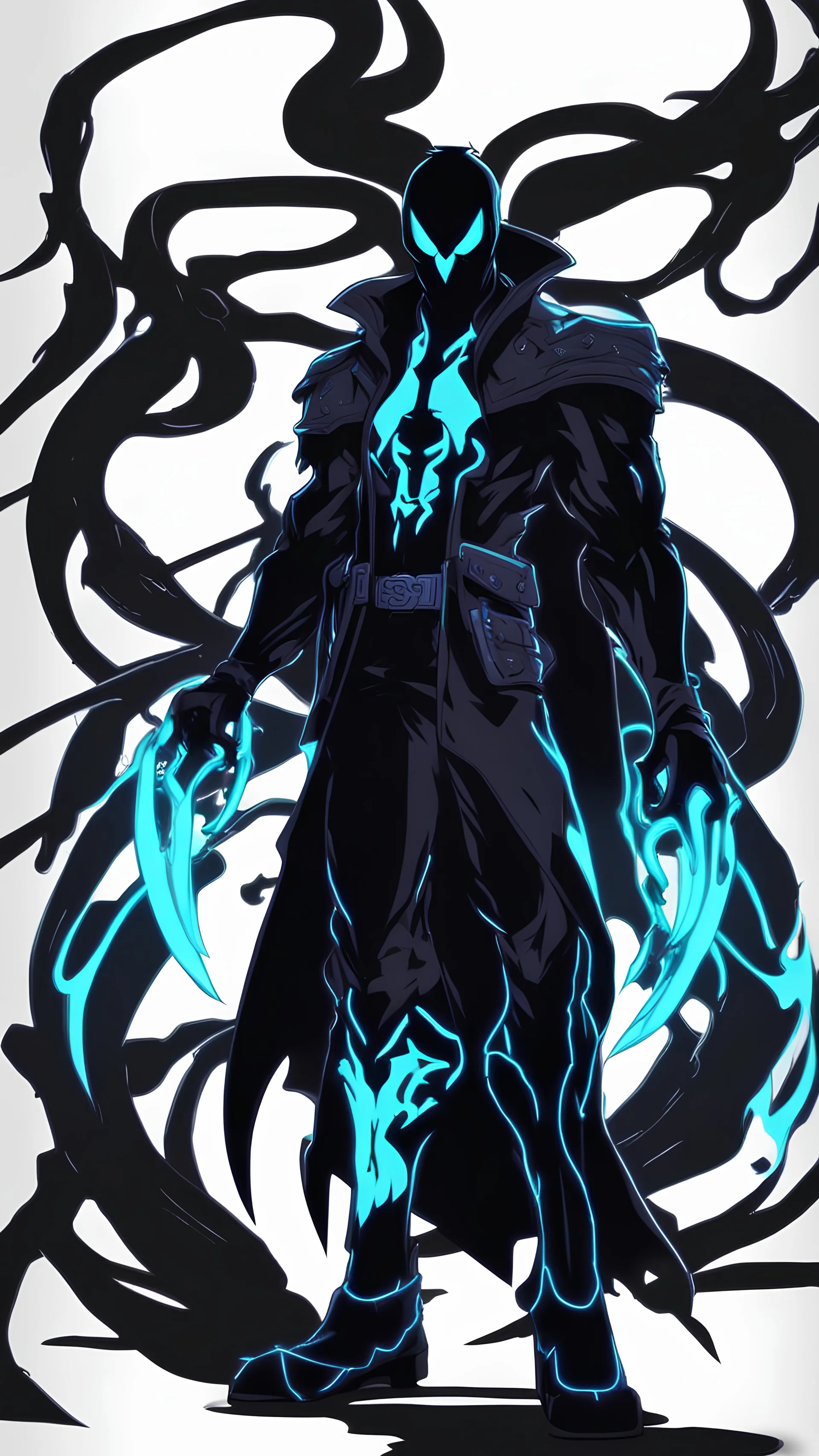 Mix between venom symbiote and Reaper in solo leveling shadow style with neon glowing blue