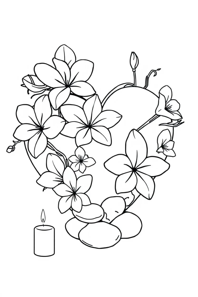outline art for visually rich appealing heart in orchids plumeria rounded stones candles, ikebana style, coloring page for kids, white background, fit to page, only use outline, clean line art, no shadows, clear and well outlined