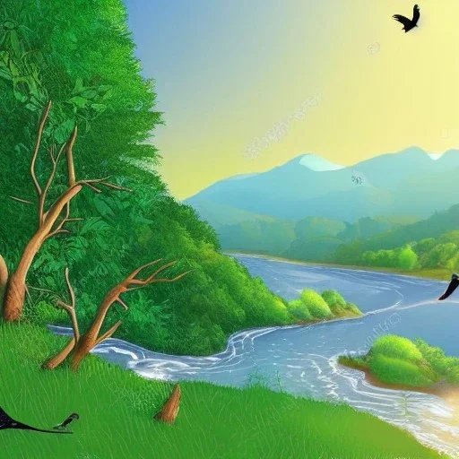 Nature, hills, river, trees, birds flyinghd, illustration