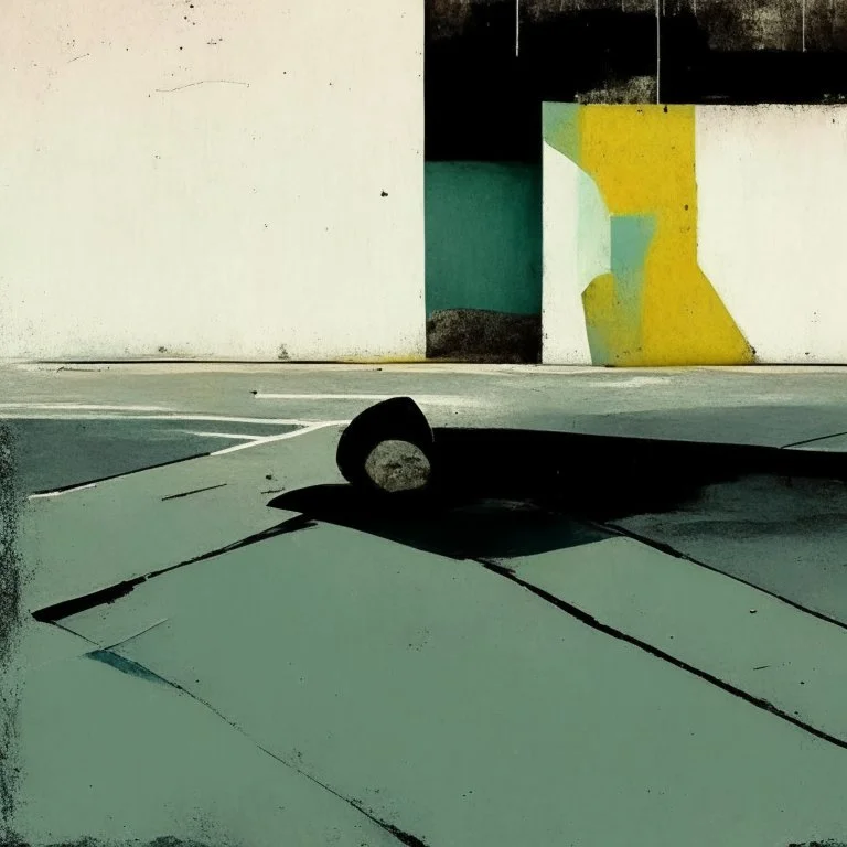 Minimal contemporary abstract oil paintings of desolate 1960s carpark with road markings and concrete fragments. Overlay with grungy typography graphics. style of Justin Mortimer and Francis Bacon.