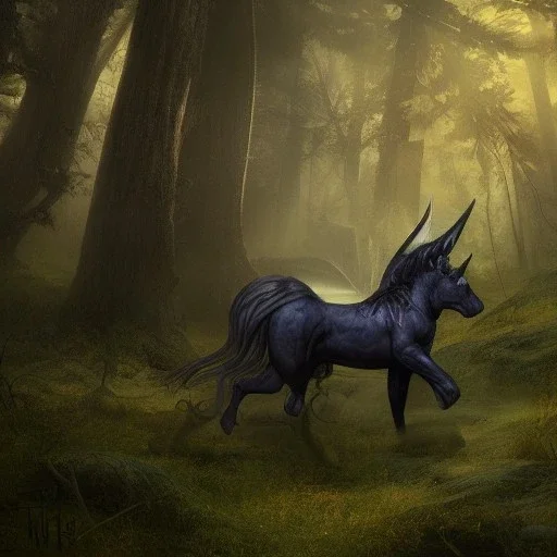 fantasy art, Photorealistic, 8k, Demon, black unicorn, forest