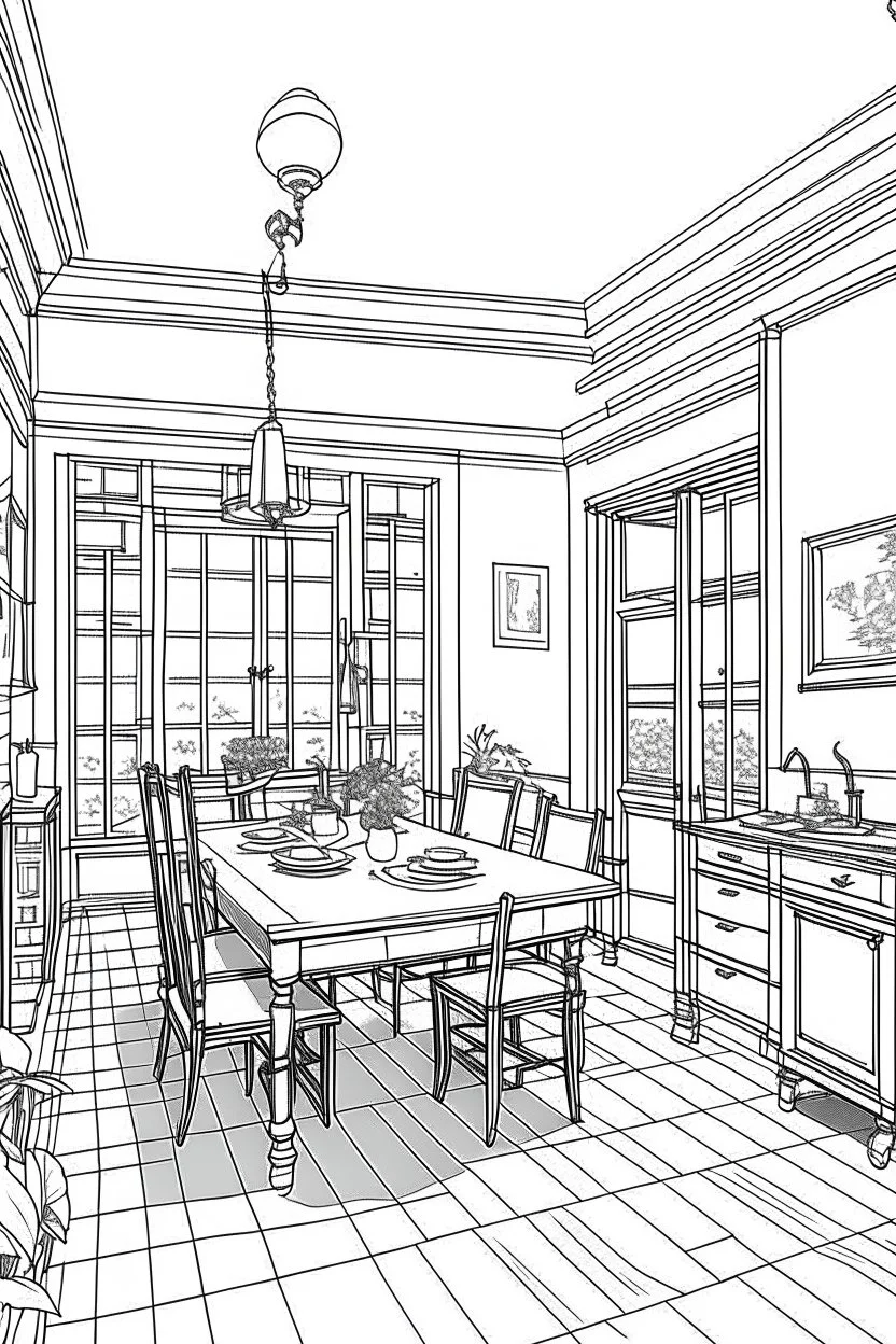 Outline art, house interior design, dining room, no shading, no lines, cartoon style, --ar 9:11