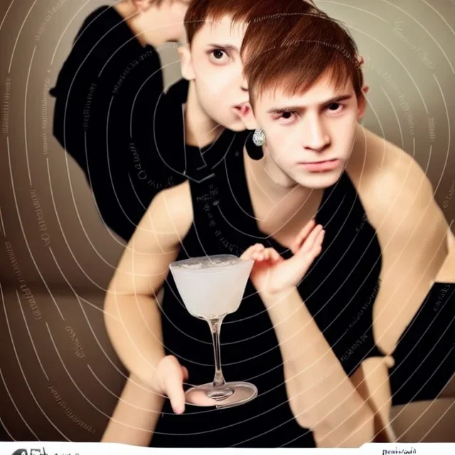 Russian boyish boylike guy short man's haircut men's face boyish features female figure in black girlish lacy cocktail dress earrings in restaurant