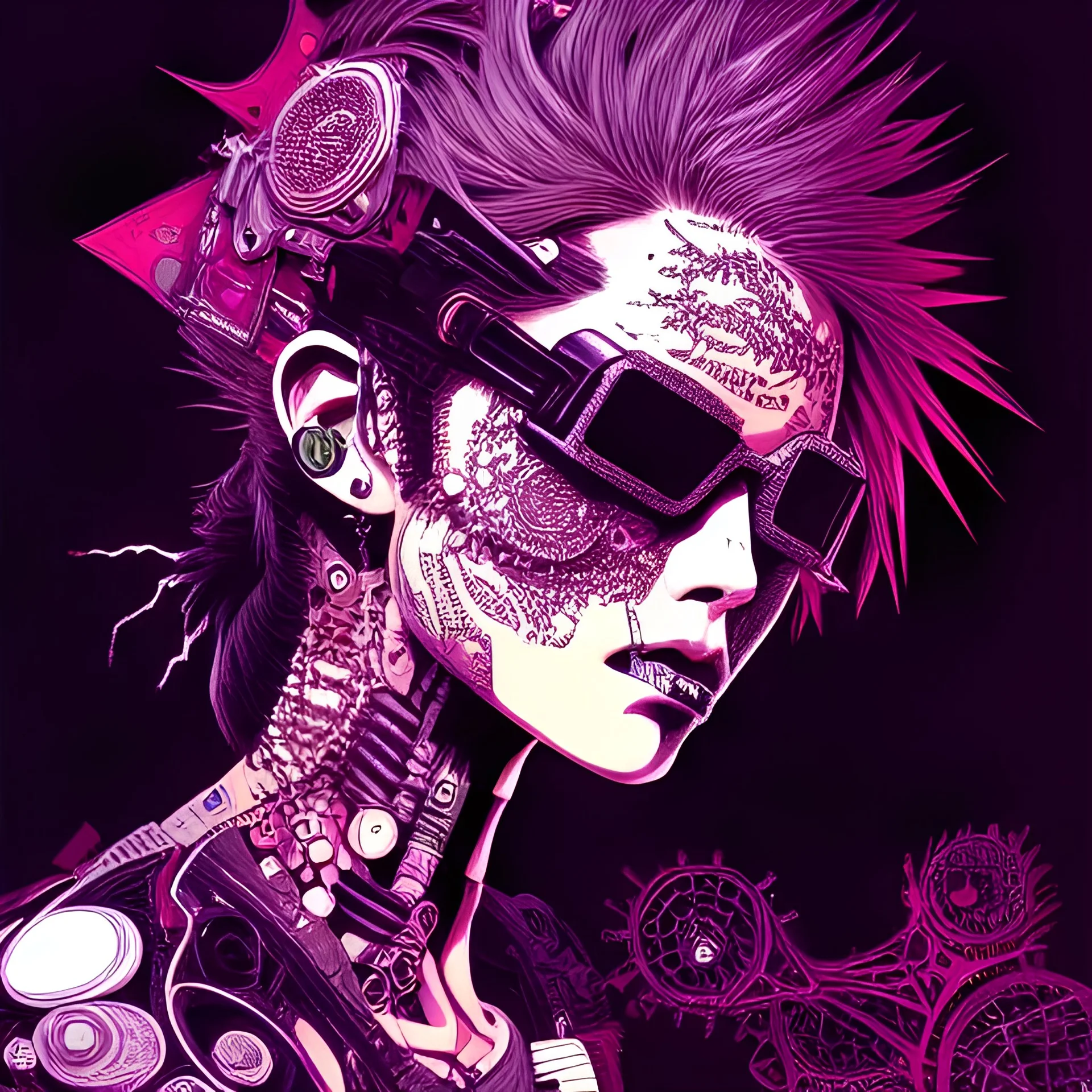 beautiful punk girl, hyper detailed, hyperdetailed, intricately detailed, illustration by <kilian eng> <Yoji Shinkawa>, purple tones,