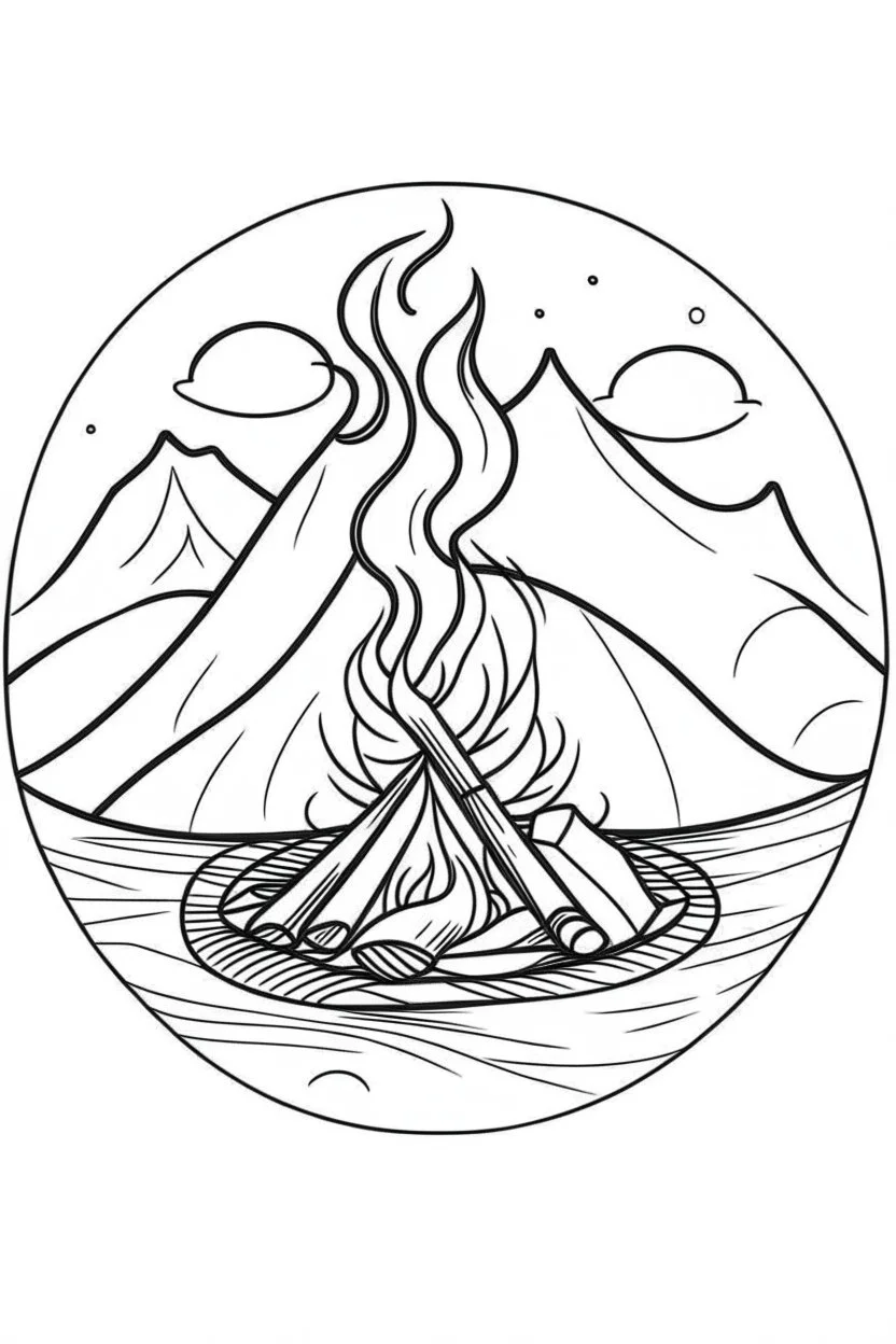 campfire minimalistic, line art, background, vector, svg, coloring page, black outline on white background