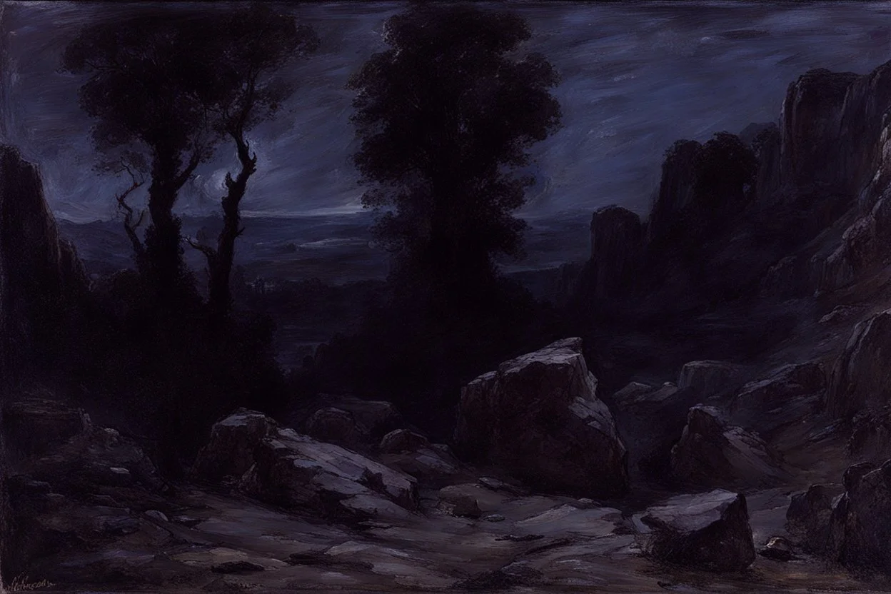 Night, rocks, trees, begginer's landscape, horror gothic movies influence, friedrich eckenfelder and george hendrick breitner impressionism paintings