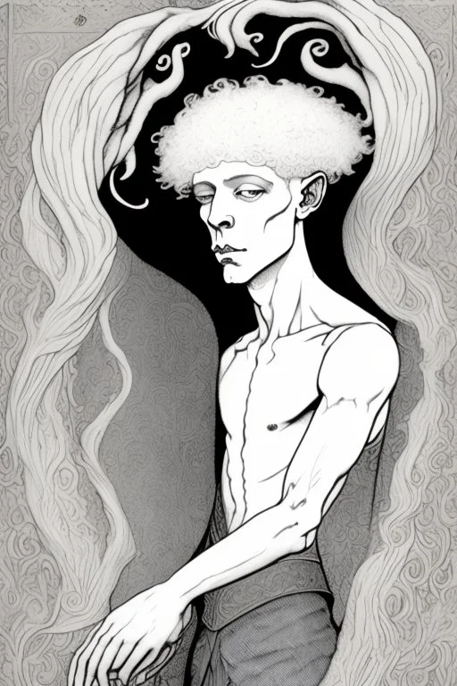 albino young male goat horns alchemist in the style of aubrey beardsley