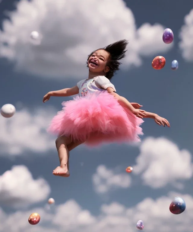 Ultra realistic speed clouds sky scene, wide angle view, childs falling down with many Childs background, circus dress style, feather color, free jumping flying, many trinkets, hair monster, many jelly beans, balls, color smoke, smile, happy, extreme, wind, clouds sea, 20,000 feet altitude, stratosphere, soft color, highly detailed, unreal engine 5, ray tracing, RTX, lumen lighting, ultra detail, volumetric lighting, 3d, finely drawn, high definition, high resolution.