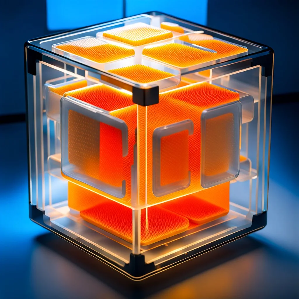 a futuristic translucent neurocube, inside the cube there are partitions made of honeycomb plates