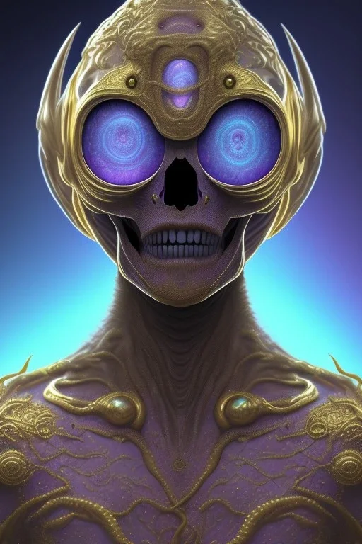 purple African alien, cracks in the head, evil, Asian eyes, crown, blood, 8k, finely detailed, photo realistic, Boris Vallejo style turquoise skull head gold dragon space alien rain skeleton silver helmet golden space suit space ships