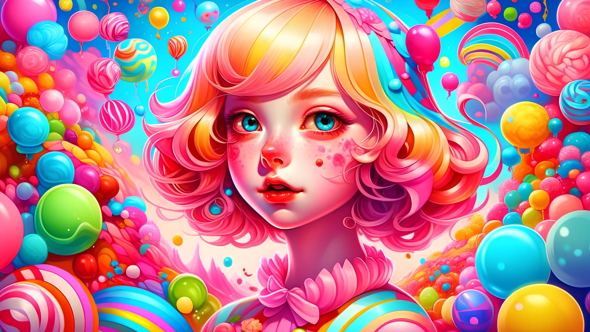A beautiful white and candy fairy girl portrait, psychedelic colors, whimsical candy land filled with oversized sweets, colorful candy landscapes, and playful characters, in the style of children's book illustrations, bold colors, imaginative scenery, 8K resolution