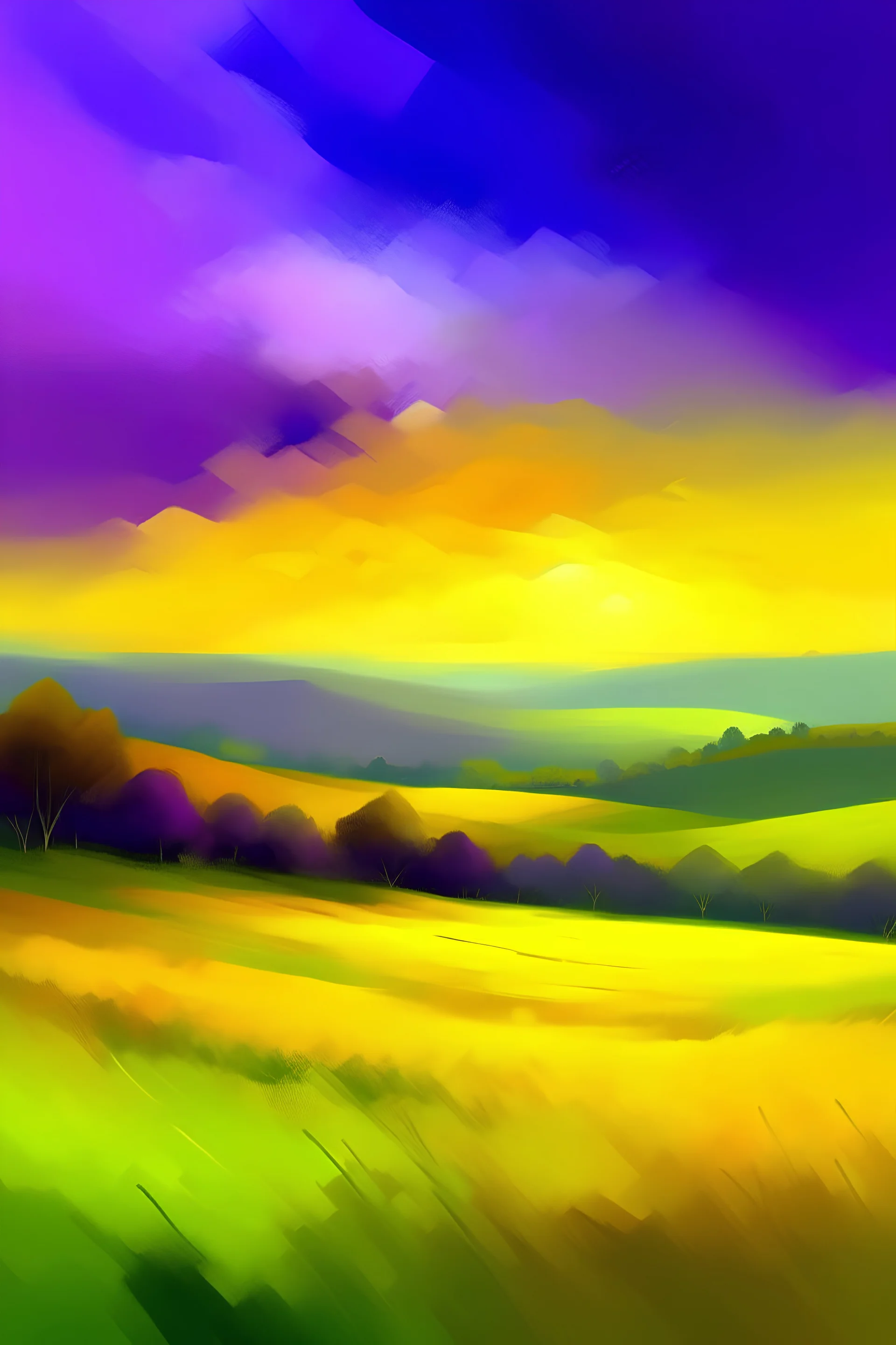 Abstract oil painting landscape background. Colorful yellow and purple sky. oil painting outdoor landscape on canvas. Semi- abstract tree, hill and field, meadow. Sunset landscape nature background