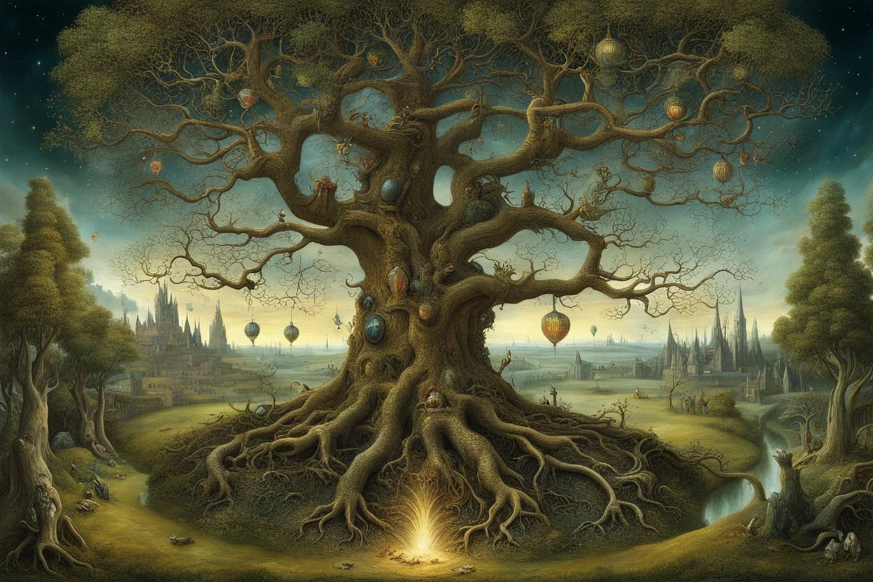 magical fantasy trees, very detailed, amazing quality, etheral, intricate, cinematic light, highly detailed, beautiful by Hieronymus Bosch, 3D , surreal, creepy stunning