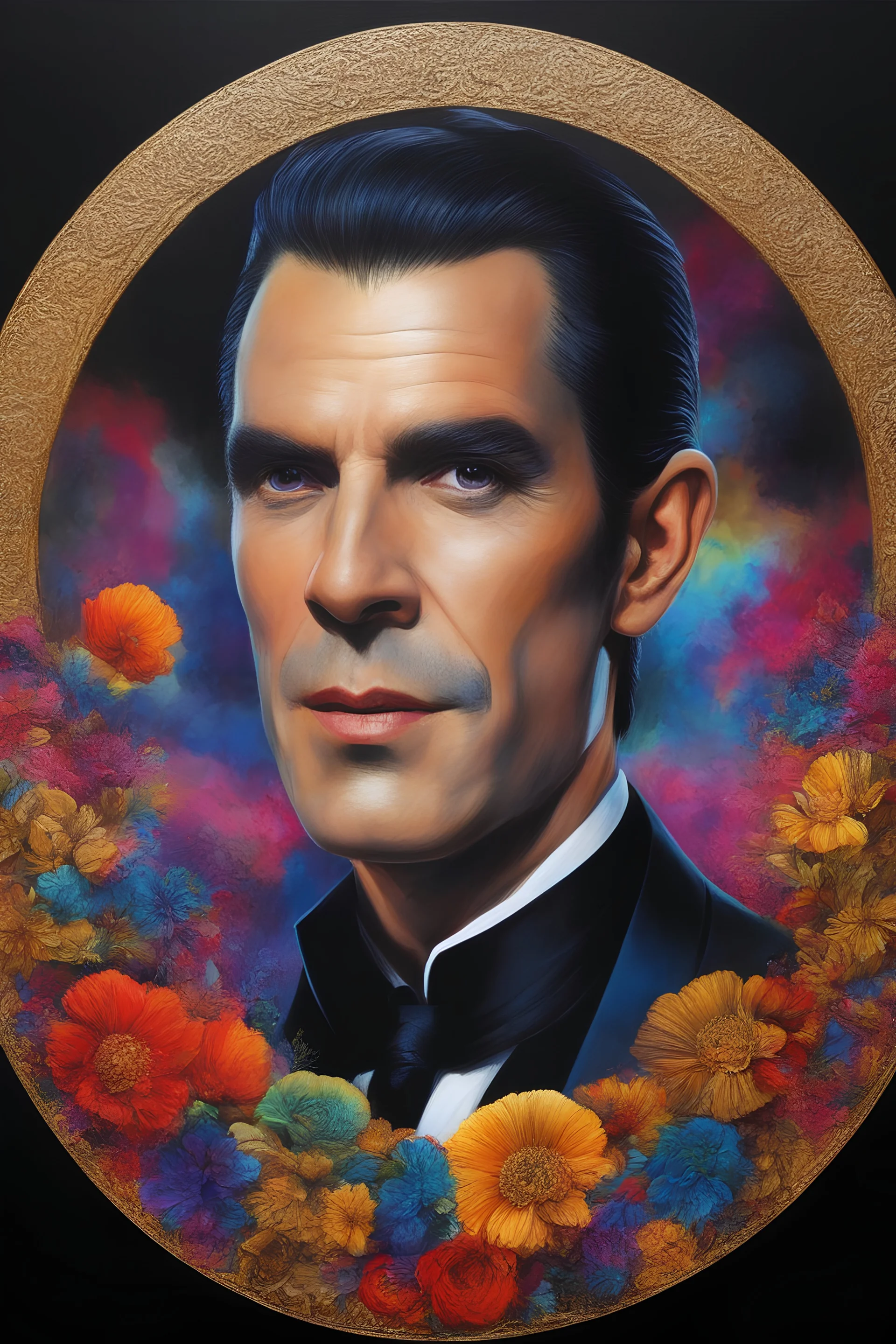 Count Dracula's face inside a small gold circle, Henry Cavill/Leonard Nimoy/Michael Jackson, multicolored, large, Floral/rainbow designs, atmospheric, beautiful, bright, vibrant colors, pitch-black background, oil painting by Boris Vallejo, 4k UHD, Photorealistic, professional quality