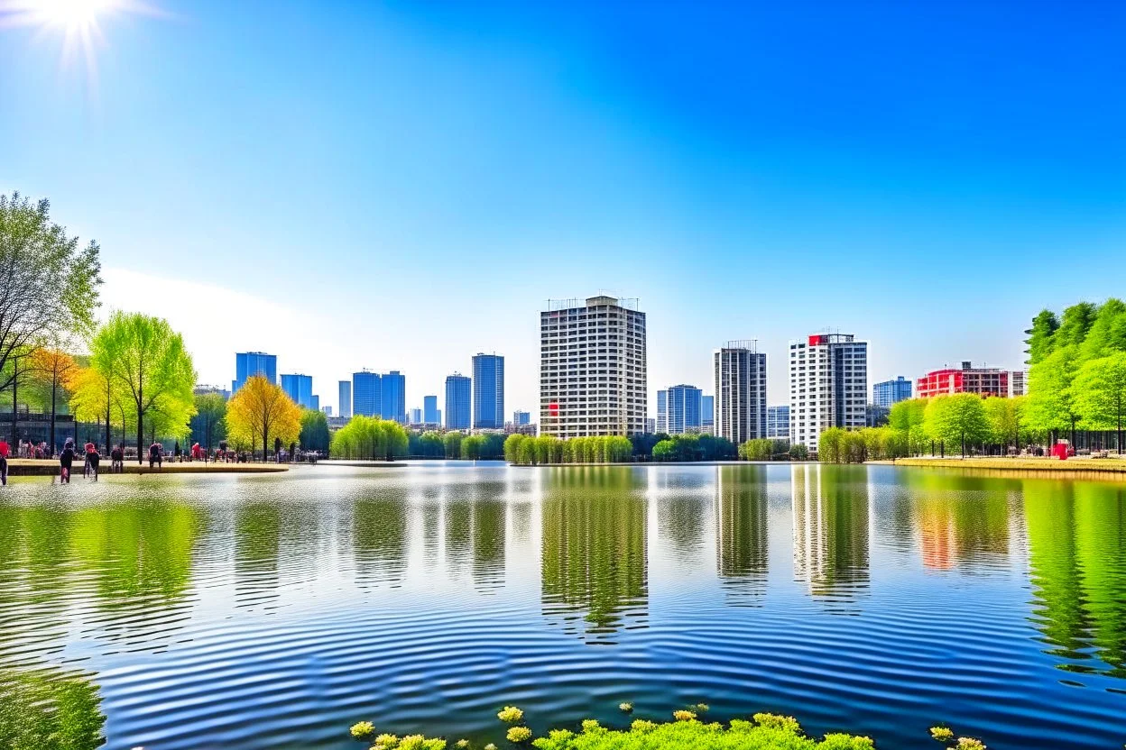 Sunny day, distant modern city, lake, lake reflections, people