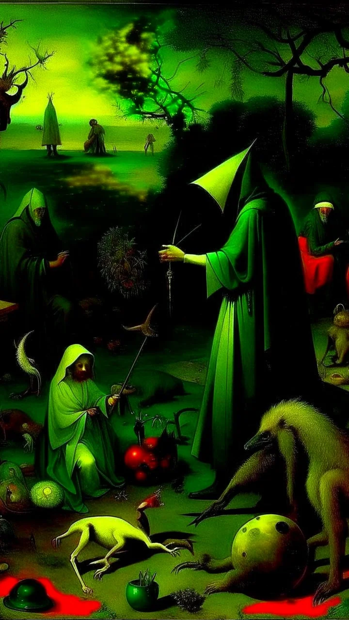 some mysterious figures, odd background, cinematic, Hieronymus Bosch, Max Ernst, vegetal life, rotten, ambient light, cry, ritual, surreal, animals