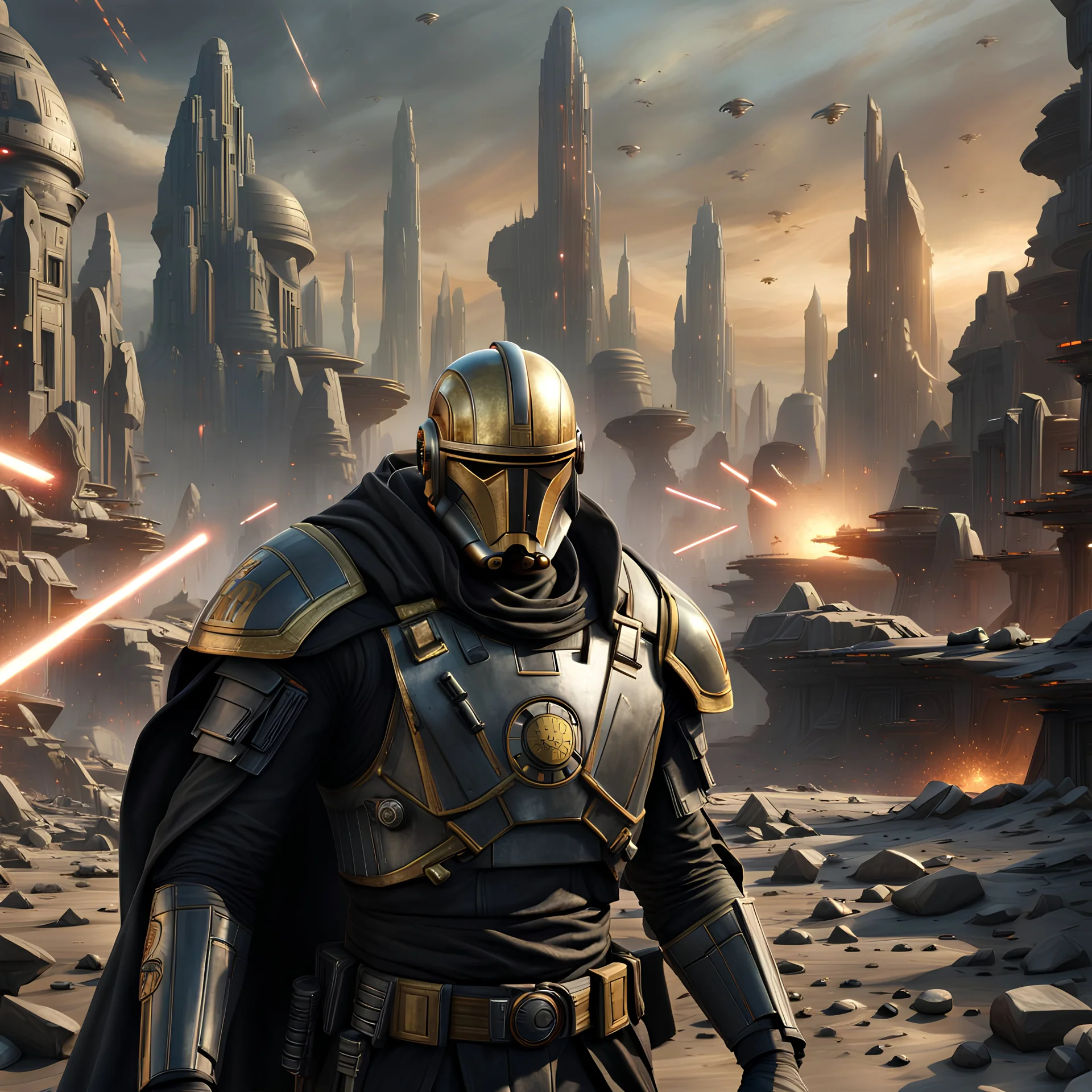 star wars bald male corellian pilot wearing pearlescent black and gunmetal grey First Order special forces heavy assault armor and helmet with gold trim inside the jedi temple, centered portrait, hyperdetailed, dynamic lighting, hyperdetailed background, 8k resolution, volumetric lighting, light skin, fully symmetric details