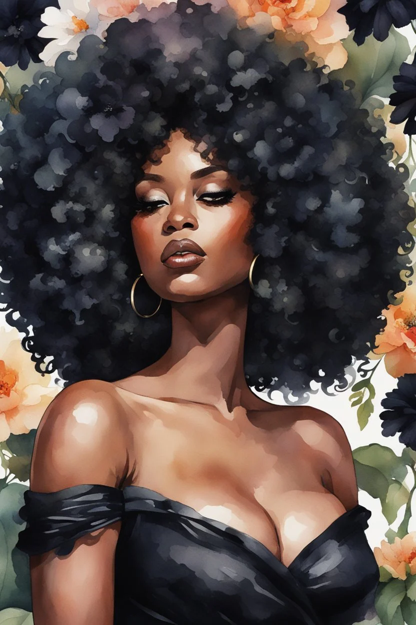 Create an watercolor image of a curvy black female wearing a black off the shoulder blouse and she is looking down with Prominent makeup. Highly detailed tightly curly black afro. Background of large black flowers surrounding her