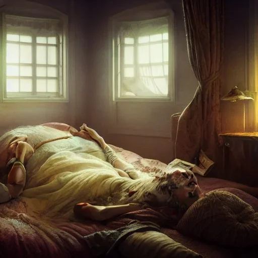 large cockroach asleep in bed, 8k resolution, high-quality, fine-detail, intricate, detailed matte, digital art, volumetric lighting, illustration, 3D octane render, brian froud, howard lyon, selina french, anna dittmann, annie stokes, lisa parker, greg rutowski